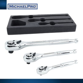 MichaelPro 3-Piece Quick-Release Ratchet Set with Teardrop Head, 90 Tooth Ratchet with Full-Polished Chrome Solid Handle, 1/4, 3/8, 1/2-Inch – MP006009