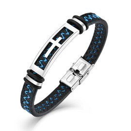OSKINIA Mens Bracelet Stainless Steel Leather Braided Cuff Cross Cruxifix Jesus Christ Faith Religious Bracelet Wristband Punk Jewelry for Men/Father/Friends/Brother Blue