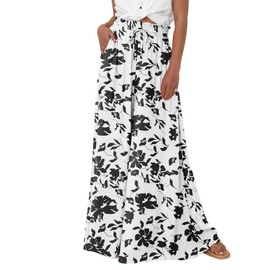 BTFBM Women Boho Floral Beach Pants Spring Summer Drawstring High Waisted Wide Leg Palazzo Pants Lounge Flowy Pants 2024(Print Black, Medium)
