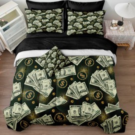 Money Bedding Comforter Set Twin Size 6 Pieces Dollar Home Decor Black Sheet Set Dollar Bill Bed in a Bag with 1 Cushion Cover (Twin, Dollar)