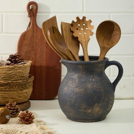 MIYUKI Rustic Kitchen Utensil Holder - 7.6 Inch Ceramic Utensil Crock for Countertop, Vintage Kitchen Counter Decor