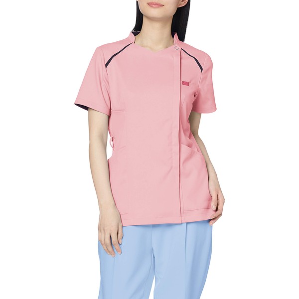 Fork 7068SC Women's Lab Coat Scrub, Medical Zip, Shoulder Knit, Slender Silhouette, Wa 2, Pink x Dark Navy