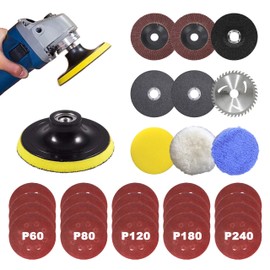 30 Packs Angle Grinder Attachments, Hook and Loop Backing Pad, Flap Disc, Aluminum Oxide Disc, Cutting Disc, Saw Blade, Polishing Sponge, Sandpaper, 5 Inch for Wood Metal Sanding, Polishing, Cutting