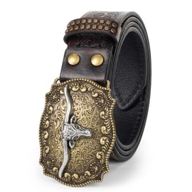 KorhLeoh Western-Leather-Belt Vintage-Cowgirl-Cowboy-Embossed-Buckle-Belt Floral-Engraved-Country-Belt for Men Women