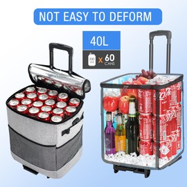 Collapsible Large Rolling Cooler 40L, Insulated Soft Cooler Bag with Wheels and Handle, Small Folding Cart for Beach Camping Patio Travel Outdoor Hot Takeout Orders