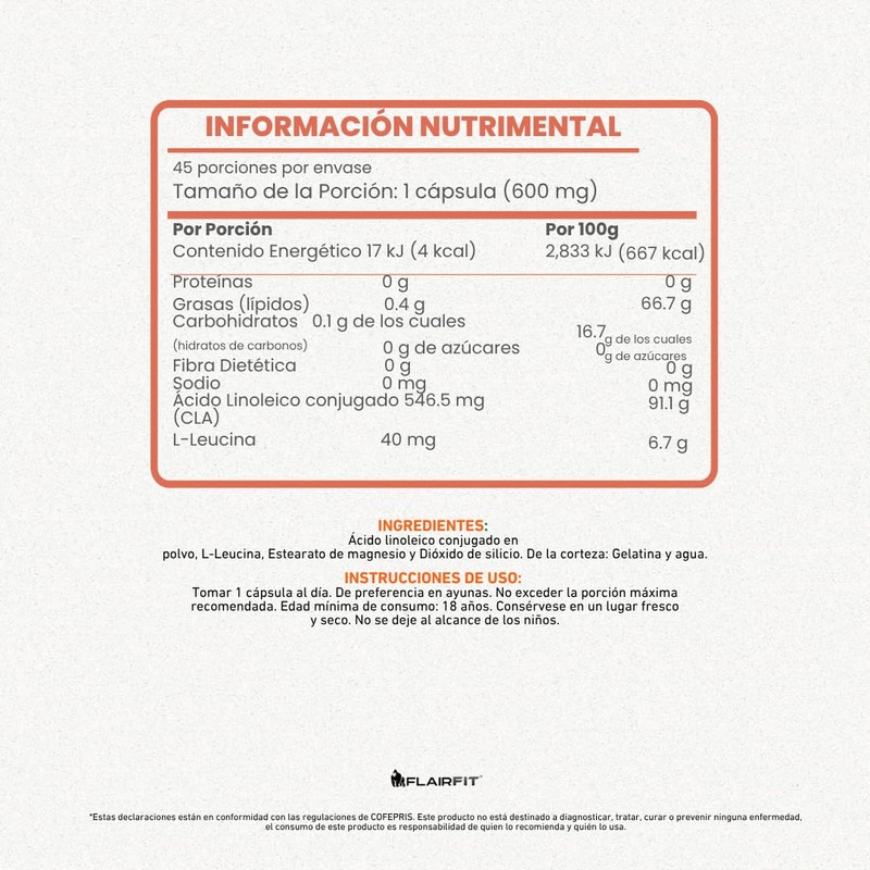 Flairfit® Suplemento En Cápsulas, Formulación Premium, CLA Blend Ácido Linoleico