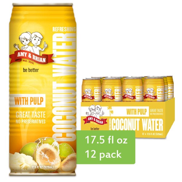 Amy & Brian Pure Coconut Water with Pulp, Non-GMO, No Sugar Added, Refreshing and Hydrating Real Coconut Water, 17.5 Fl Oz (Pack of 12)