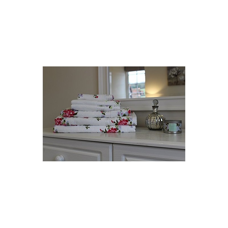 SHL White/Pink Rose Floral Printed 100% Cotton Towel 400 Gsm