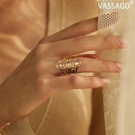 VASSAGO Lotus Flower Adjustable Ring Coexist Om Cross Islam Star Moon Star of David Yin Yang Yoga Ring for Women Gilrs Religious Jewelry Gift (Gold Lotus Flower Ring)