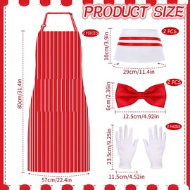 BOARDFEB 10 Pcs 1950s Waiter Costume Kit Circus Soda Jerk Apron Red and White Striped Including Chef Hat Apron Bow Tie gloves for Waitress Cosplay Costume Circus Party(Adult Size)