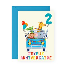 Central 23 Carte D'Anniversaire Pour Enfant - Animaux En Voiture - Joli Cadeau Anniversaire Pour Garcon Et Fille - 2 Ans - Livrée Avec Autocollants - Par