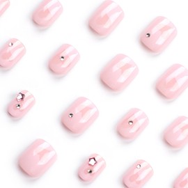 Valentines Press on Nails Short Square KQueenest Pink Fake Nails Valentines Day Nails Short with Bling Rhinestones Design Cute Heart Full Cover False Nails for Women Acrylic Manicure Salon 24 Pcs