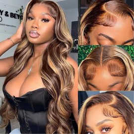 SPOU Highlight Ombre 13x6 Lace Front Body Wave Wigs Human Hair Pre Plucked Honey Blonde 4/27 Colored Wig Transparent HD 13x6 Body Wave Frontal Wigs With Baby Hair 32 Inch