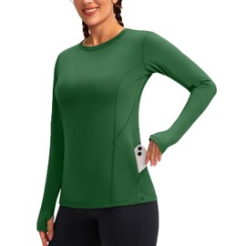 Women's Thermal Fleece Tops Long Sleeve Workout Shirts Running Athletic Base Layer with Thumb Holes Zipper Pocket(Z-Army Green,M)