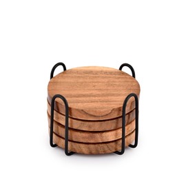 EDHAS Posavasos de madera de acacia para bebidas con soporte de hierro para mesa de caf, decoracin de proteccin de mesa, juego de 4                   