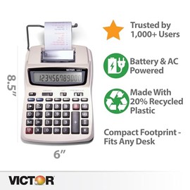 Victor Calculadora de impresión, 1208-2 Máquina de adición compacta y confiable con pantalla LCD de 12 dígitos, alimentación por batería o CA, incluye
