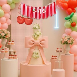 GIOGUK Cherry One High Chair Banner - Cherry Themed First Birthday Party Banner Garland, Sweet Girl Birthday Party Decoration Supplies, Anniversary Photo Shoot Background Props