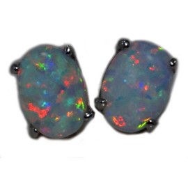 8x6mm Simulated Opal Oval Stud Earrings .925 Sterling Silver Rhodium Finish