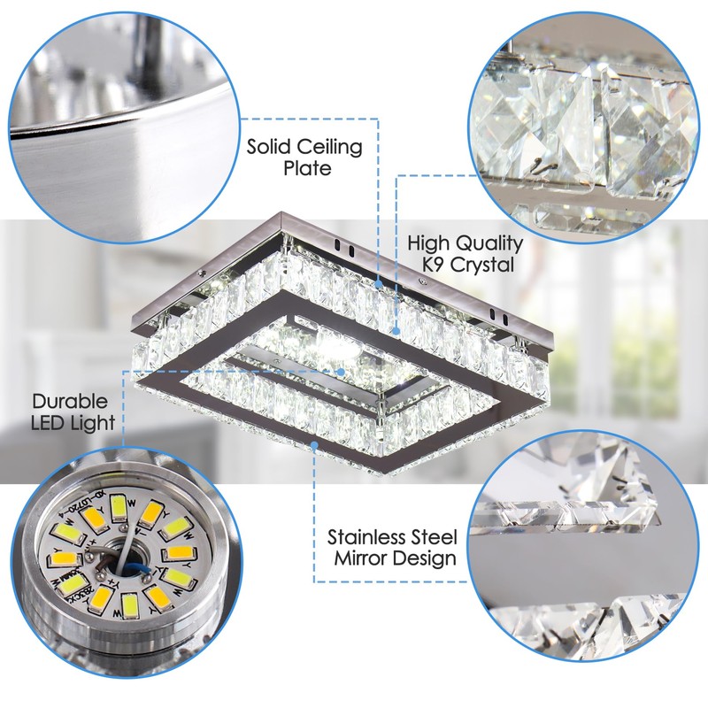 Finktonglan 11.8"×9.1" Rectangular Crystal LED Flush Mount Ceiling Light, Cool