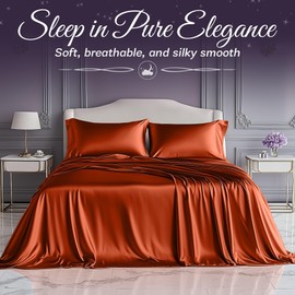 SLEEP SANCTUARY Satin Sheets Queen Size – 4 Piece Luxury Silky Bed Set, Softer Than Silk, 15" Deep Pocket, Cooling & Wrinkle-Free, Moisture-Wicking & Breathable for Hair & Skin (Burnt Orange)