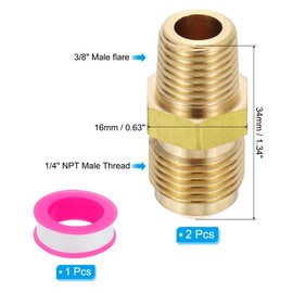 PATIKIL 3/8" Flare to 1/4" NPT Male Half-Union Brass Pipe Fitting Set, 2Pcs Brass Couples Tube Fittings Tubing Thread Adapter Pipe Connector with PTFE Tape for Refrigeration, Air, Gas Line
