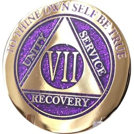 7 Year AA Medallion Elegant Purple Glitter Gold Silver Plated Sobriety Chip