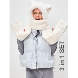 LATTEMARMALATTE Cute Cat Ears Winter Hat, 3 in 1 Plush Animal Hat with Mittens & Scarf, Faux Fur Hood for Kids Adults