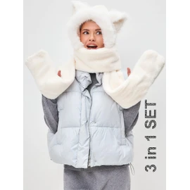 LATTEMARMALATTE Cute Cat Ears Winter Hat, 3 in 1 Plush Animal Hat with Mittens & Scarf, Faux Fur Hood for Kids Adults