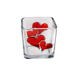 Valentine Double Red Hearts Hand Painted Stained Glass Square Candle Holder