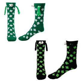 XIHIRCD 2 Pair St. Patrick's Day Socks, Magnetic Hand Holding Irish Socks Shamrock Clover Green Socks for St. Patrick's Day Mardi Gras Cosplay Party Couple Daily Wear (4 Leaf Clover Style)