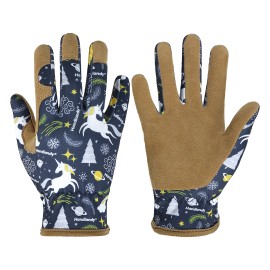 PRI Kids Genuine Leather Work Gloves for Ages 3-11, Unicorn Pattern Children Gardening GlovesSize: S*2, Color: Blue