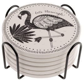 Karma, Black and White Coastal Coaster Set of 6 - Coasters for Drinks Absorbent with Metal Holder - Great Gift for Birthday, Housewarming, Room Decor, Bar, Holiday Party