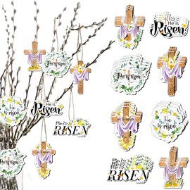 24 Pcs Easter Wooden Hanging Ornaments: Easter Tree Religious Cross Ornament He is Risen Christian Wood Hanging Decorations for Spring Holiday Home Party Decor