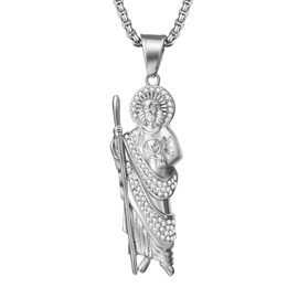 OIDEA Men Women Saint Jude Necklace: St Jude Necklace Zircon Stainless Steel San Judas Tadeo Necklace Religious Jewelry Gifts Chain Length 25", Silver