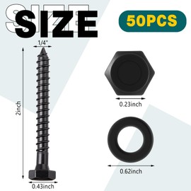 Otoolling 50 Sets 1/4" x 2" Hex Head Lag Screw Heavy Duty Lag Bolts Carbon Steel with Washers Partially Threaded Hexagon Head Wood Screws Zinc Plated(Black)