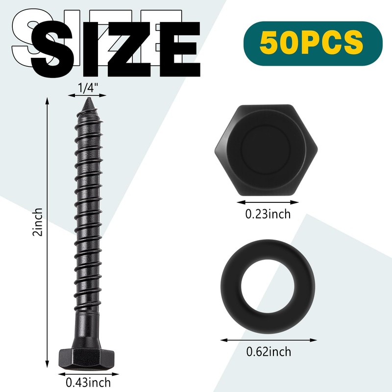Otoolling 50 Sets 1/4" x 2" Hex Head Lag Screw