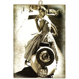 KUSTOM ART Vintage Style Picture Girl on Vespa Collectible Print on Wood for Furniture Restaurant Pizzeria Bar Hotel