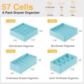 DIMJ 6 Pack Foldable Fabric Drawer Organizer Bins, 57 Cells Dresser Drawer Dividers for Clothing, Scarves, Belts, Ties - Blue