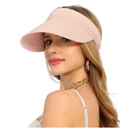 soul young Womens Straw Sun Visor Hat Ponytail Hole UV Protection Wide Brim Summer Cap Packable for Travel UPF 50+(Pink)