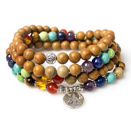 PWMENLK 108 Mala Beads Necklace 7 Chakra Buddhist Prayer Beaded Bracelet Tree of Life Pendant Healing Stone Yoga Necklace(wood jasper buddha)