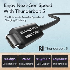 Sonnet Thunderbolt 5 Cable 1.6ft / 0.5m - Intel Certified, 80Gbps, 240W Charging, 8K Video, Compatible with Thunderbolt 3, Thunderbolt 4, USB4 and USB-C Devices