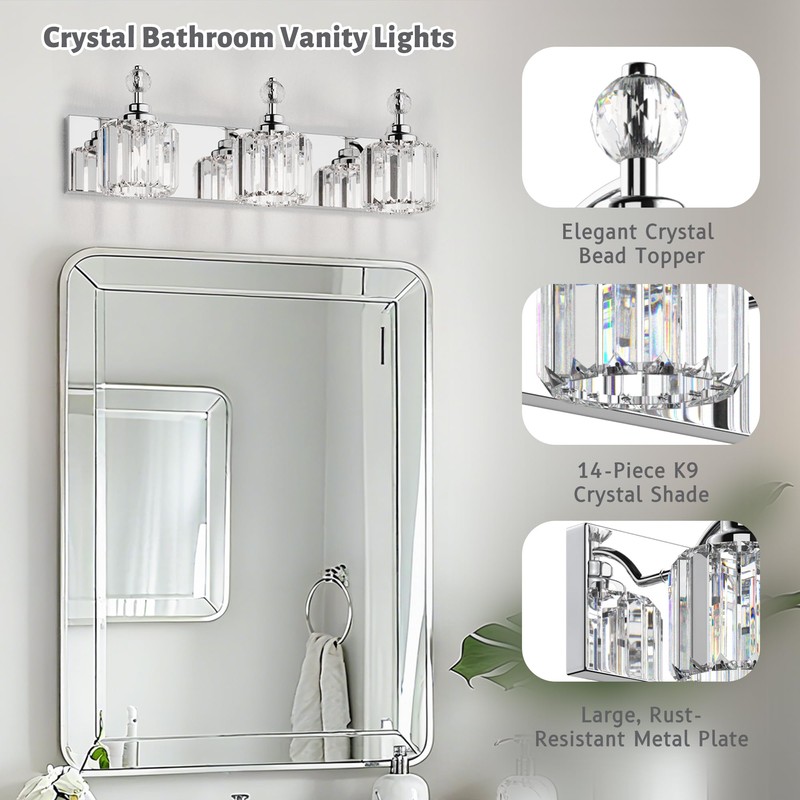 Danshinro Modern Crystal Bathroom Vanity Lights, 3-Lights Bathroom Light Fixtures