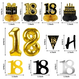 Guiruiy 13PCS 18th Birthday Decorations for Men Women, Black Gold Happy 18 Birthday Banner Centerpieces Swirls Balloons Kit Party Supplies, Eighteen Years Old Bday Ceiling Table Topper Decor