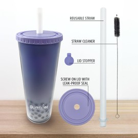 Bumbler 24oz Large Reusable Portable Eco-Friendly Tumbler | Drinking Cup with Wide Soft Tip Straw, Aesthetic Leak-Proof Lid – for Boba Tea, Smoothies, Iced Coffee, Hot or Cold Drinks – Lavender