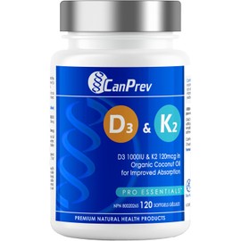 CanPrev D3 & K2 Vitamins 120 Softgels, 120-Day Supply, 1000IU Vitamin D3 & 120mcg K2, Supports Strong Bones, Teeth & Heart Wellness, Easy-to-Absorb with Organic Coconut Oil, No GMO, Gluten, Soy, Dairy
