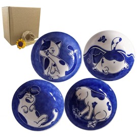 OTYFGHD Japanese Ceramic Plates，Cat Sushi Plate Set，Appetizer Plates，Mini Dessert Plates, Small Plates, 3.94 X 1.18 Inches, Boxed Gift Set of 4