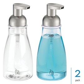 iDesign Refillable Foaming Dispenser for Kitchen or Bathroom Vanity-Set of 2-Clear/Brushed Nickel Soap Pump, Silver