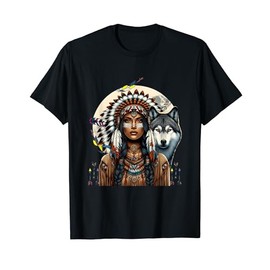 Indian Native American Woman With White Wolf Totem T-Shirt