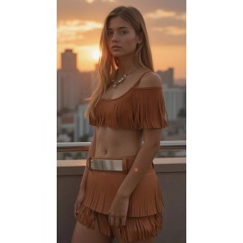 Unbranded Women Brown Faux Leather Skirt Tie Fringes Exotic Belt Gold Metal Plate Size S M