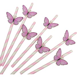 HQKJGSYX 20pcs Butterfly Stripe Paper Straws Anti Wrinkle Straw Butterfly Floral Decor Disposable Party Straws Drinking Straws Set for Valentine's Day Brithday New Year Party Decoration Supplies